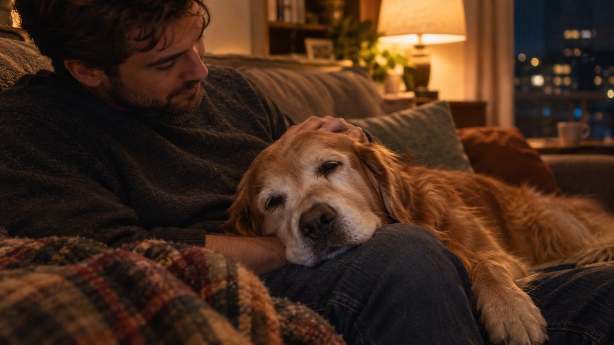 A dog owner comforting their tired senior dog at night