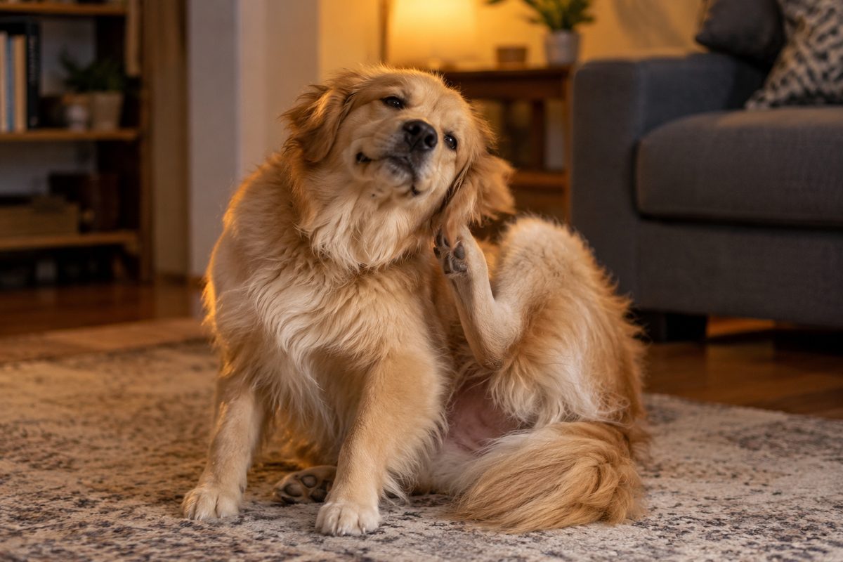 A dog scratching its ear on a rug in the evening