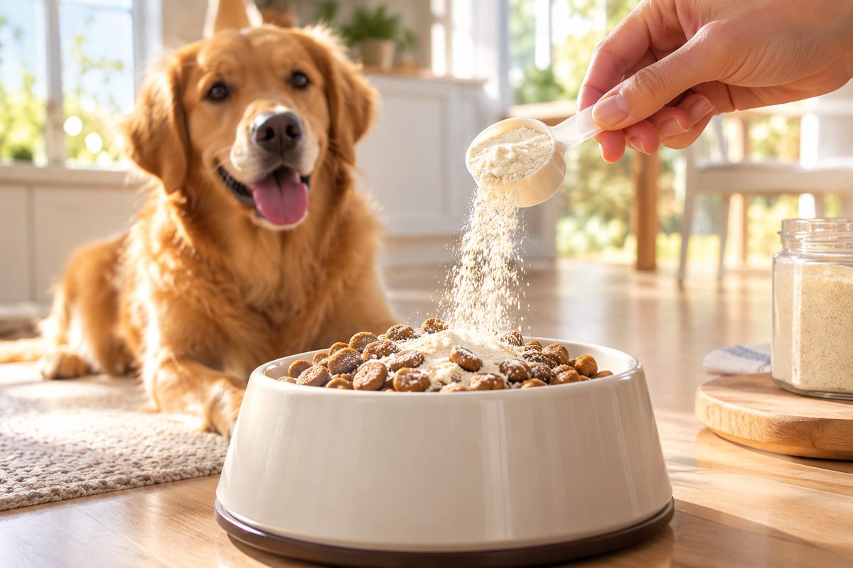 A hand adding One More Fetch powder to a bowl of dog food