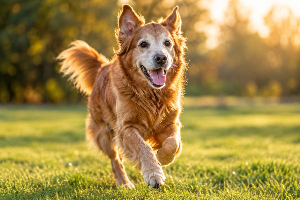 A healthy energetic senior dog running in a sunny field